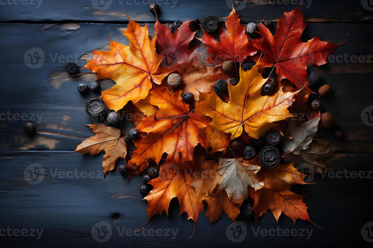 Autumn leaves on a dark slate background photo