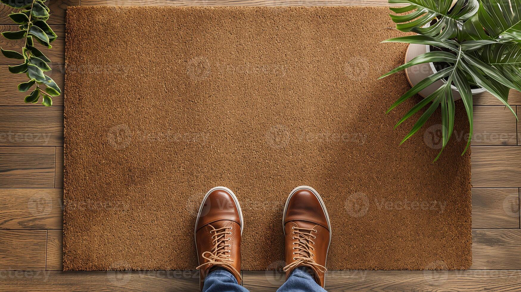 Blank Welcome Mat and Pair of Feet At Front Door of House. . photo