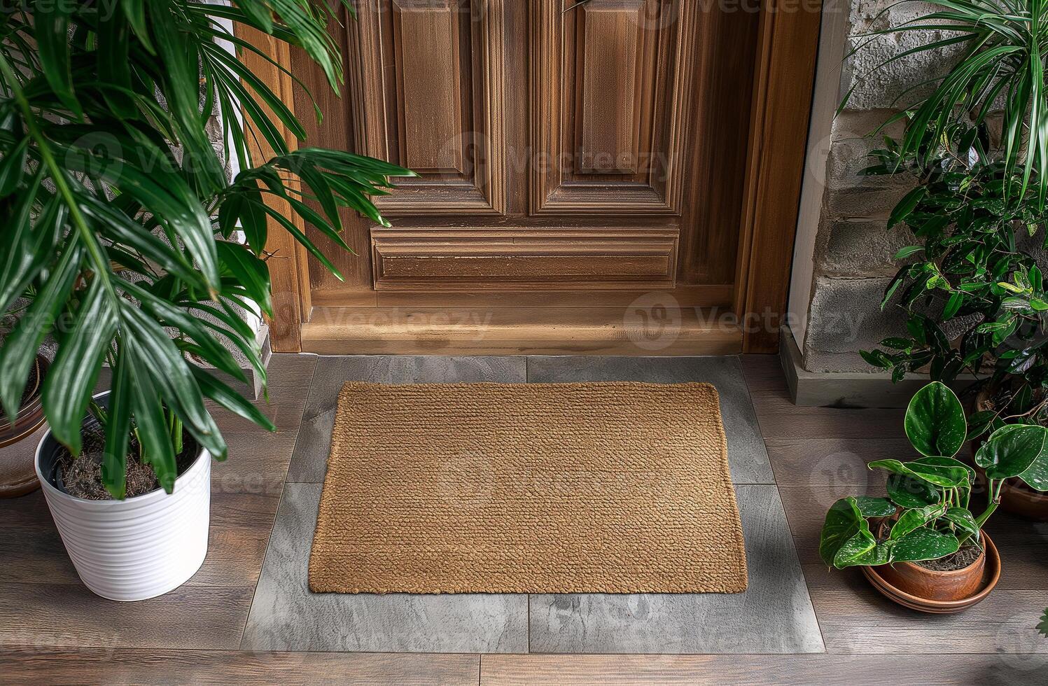 Blank Welcome Mat At Custom Front Door of House. . photo