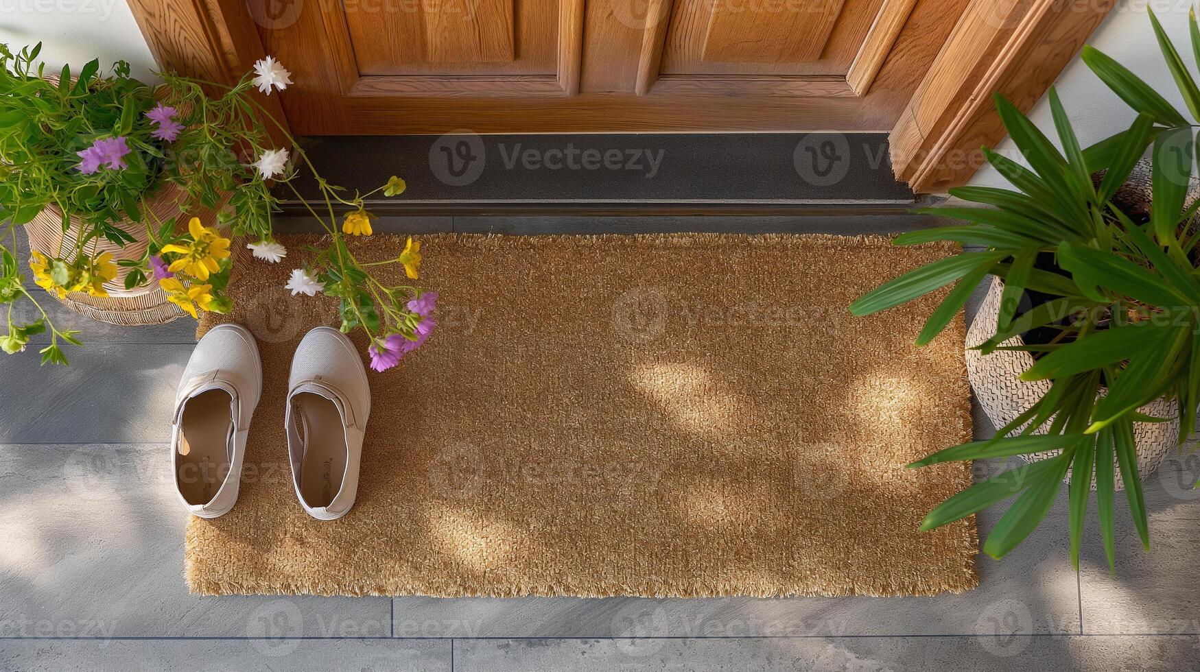 Blank Welcome Mat and Pair of Shoes At Front Door of House. . photo