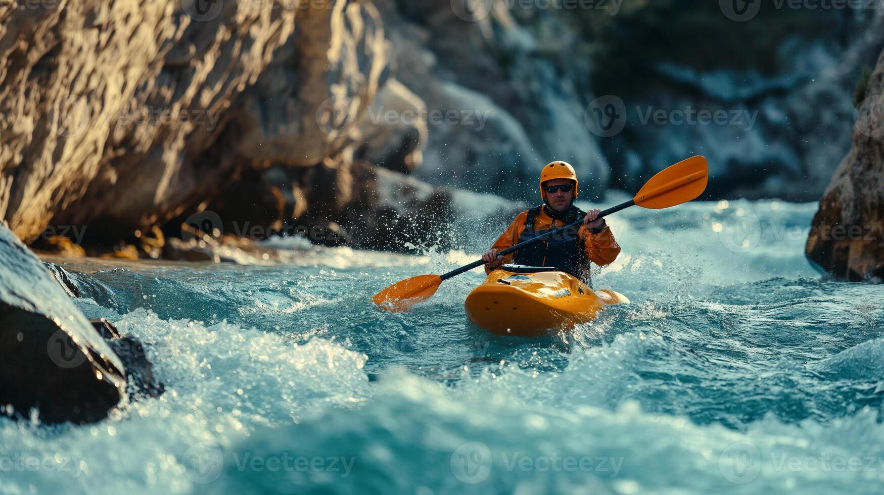 Kayaker Paddling The Rapids of A Beautiful Mountain River. . photo
