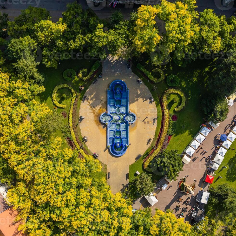 View of the fountain from the tower of the town hall in the city of Subotica photo