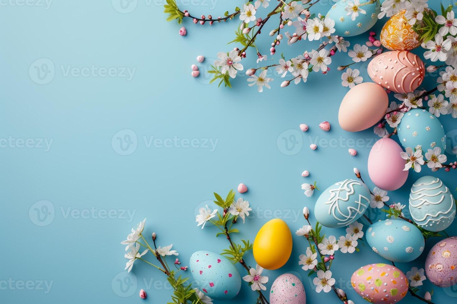 Cute Easter mockup. Plain bright table with Easter decor. photo