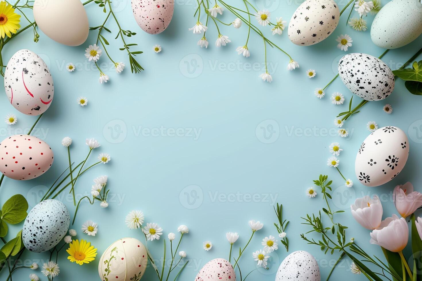 Cute Easter mockup. Plain bright table with Easter decor. photo