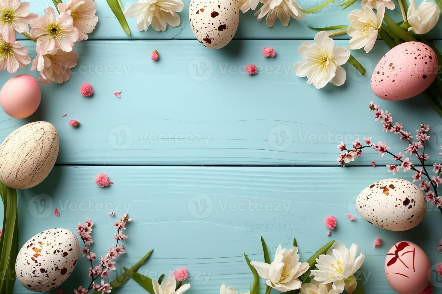 Cute Easter mockup. Plain bright table with Easter decor. photo
