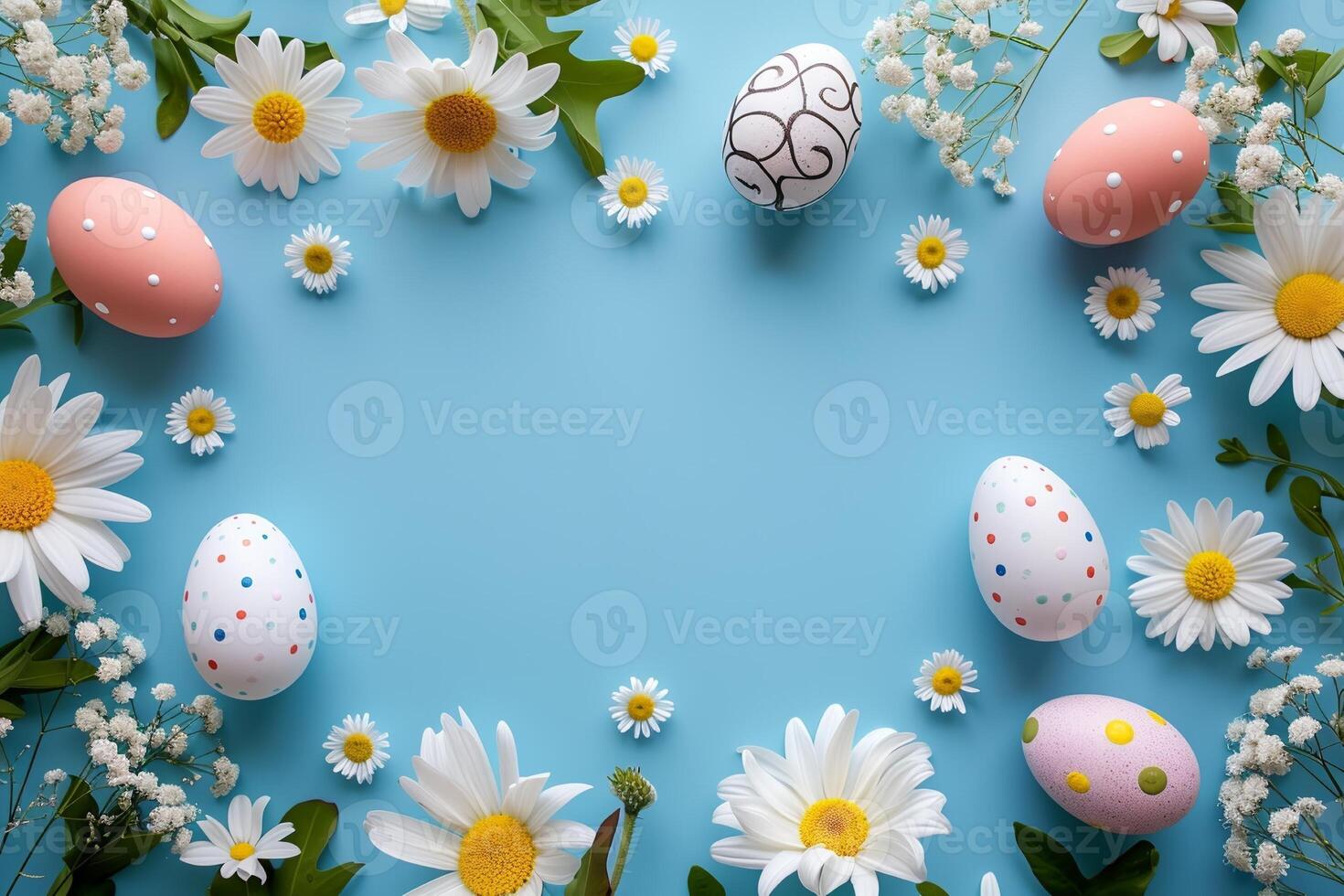 Cute Easter mockup. Plain bright table with Easter decor. photo