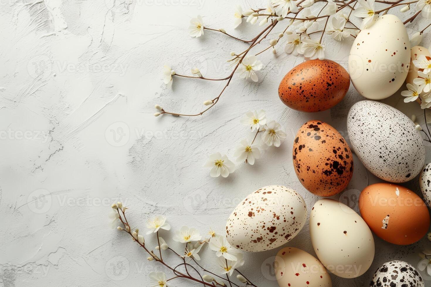 Cute Easter mockup. Plain bright table with Easter decor. photo