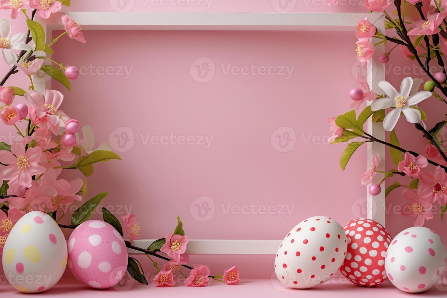 Cute Easter mockup. Plain bright table with Easter decor. photo