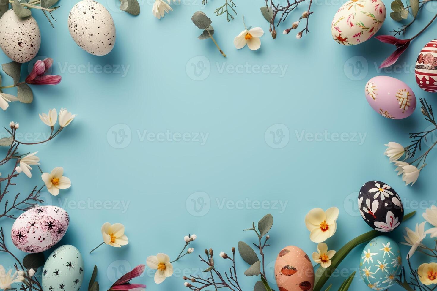 Cute Easter mockup. Plain bright table with Easter decor. photo