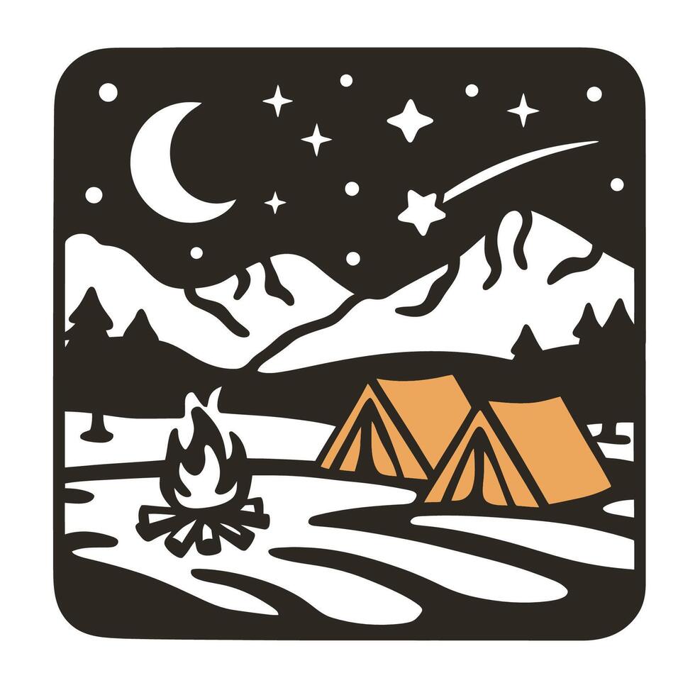 camping in snowy mountains with tents on a starry night illustration vector