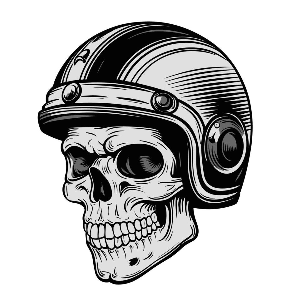 vintage hand-drawn illustration of a skull with a classic motorcycle helmet vector