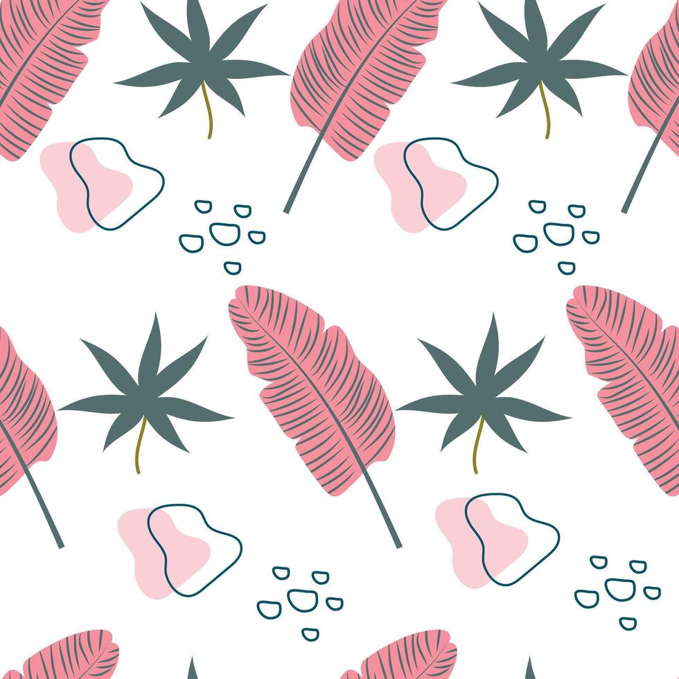 Tropical pattern of leaves and simple geometric shapes. Seamless pattern with exotic leaves in pastel colors. Background summer design for textiles. vector