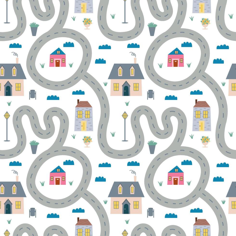 Road map with houses seamless pattern vector