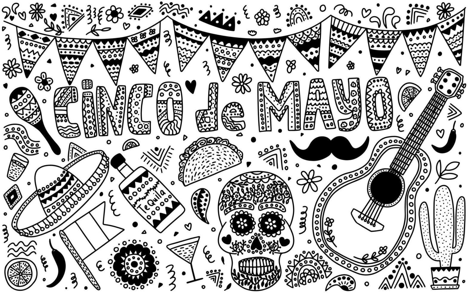 Cinco de mayo doodle hand drawn elements set vector