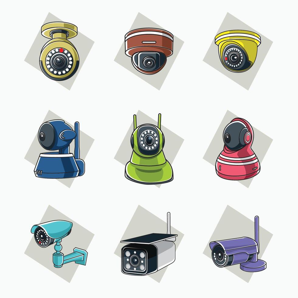 Outdoor, indoor, Wireless CCTV camera surveillance tube and square shaped for security system - flat cartoon style vector