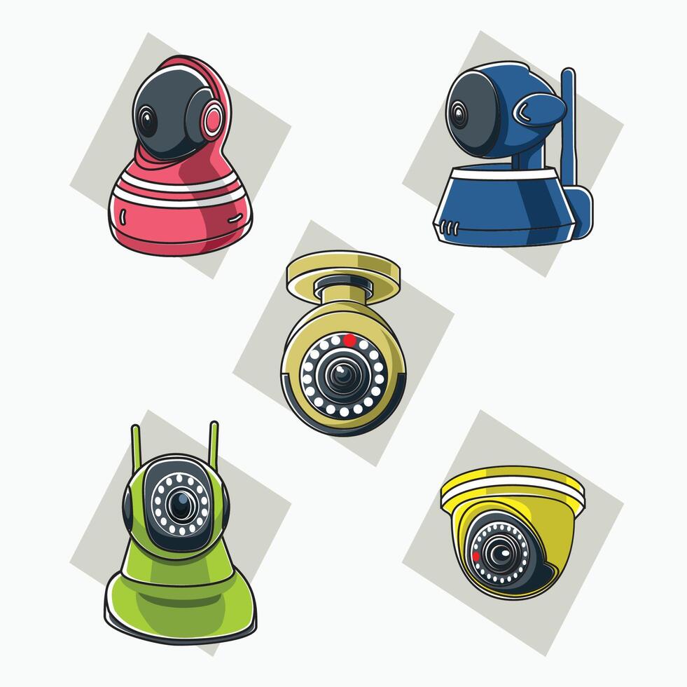 Wireless CCTV camera surveillance tube and square shaped for security system outdoor and indoor - flat cartoon style vector