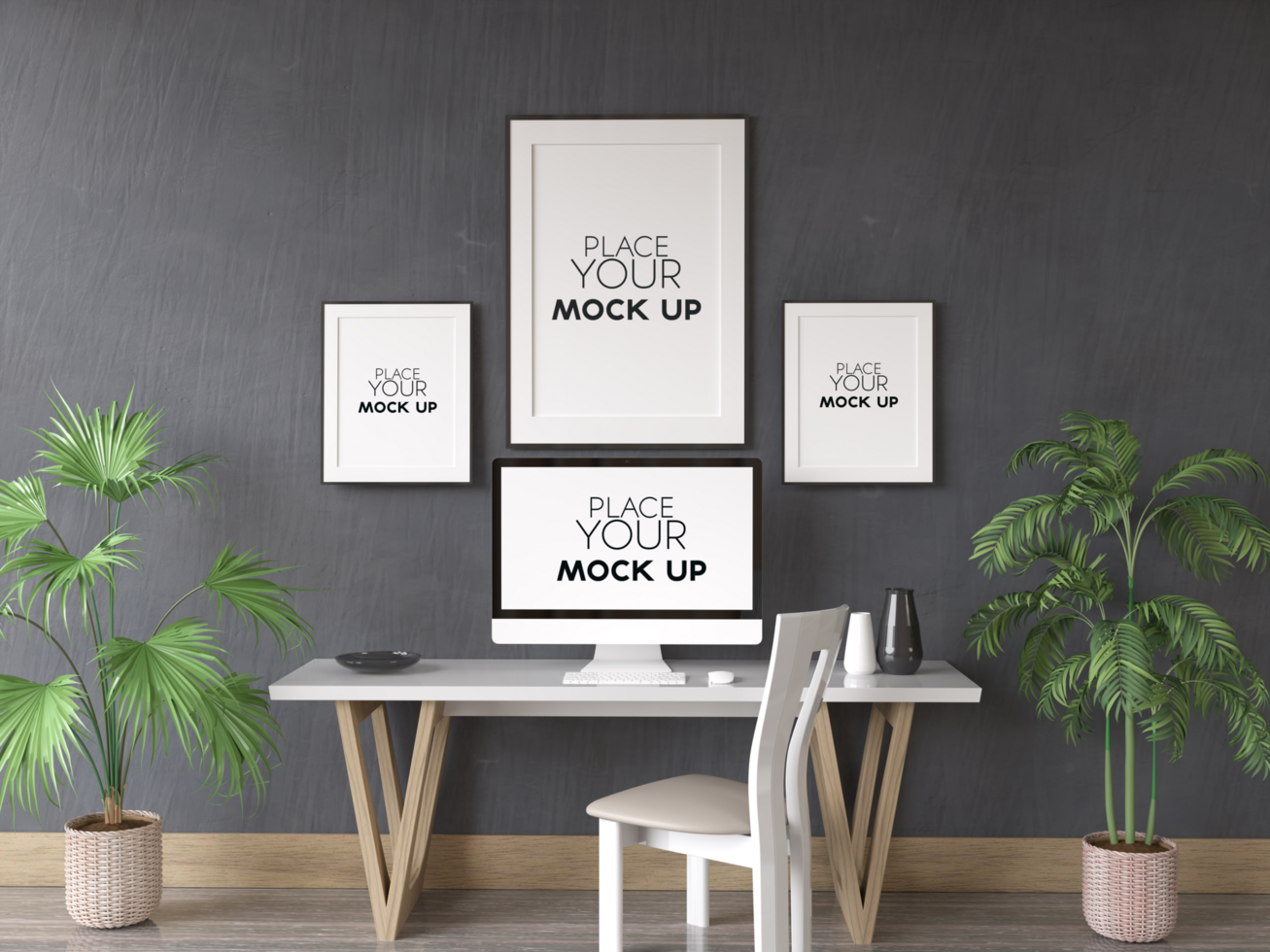 Desktop Screen And Picture Frames Mockup psd