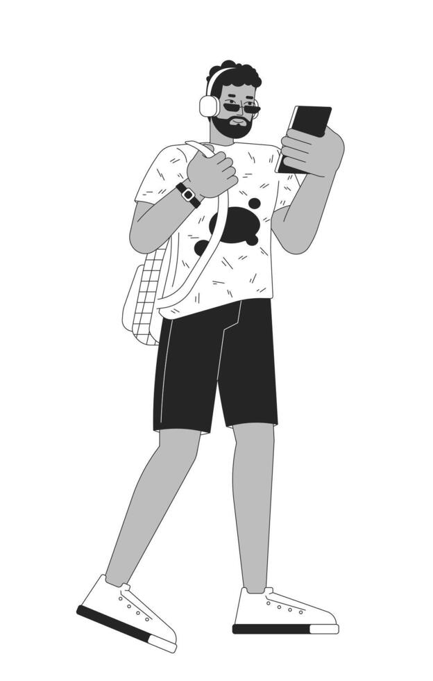 African american man with headphones using smartphone black and white 2D line cartoon character. Student with devices isolated outline person. Lifestyle monochromatic flat spot illustration vector