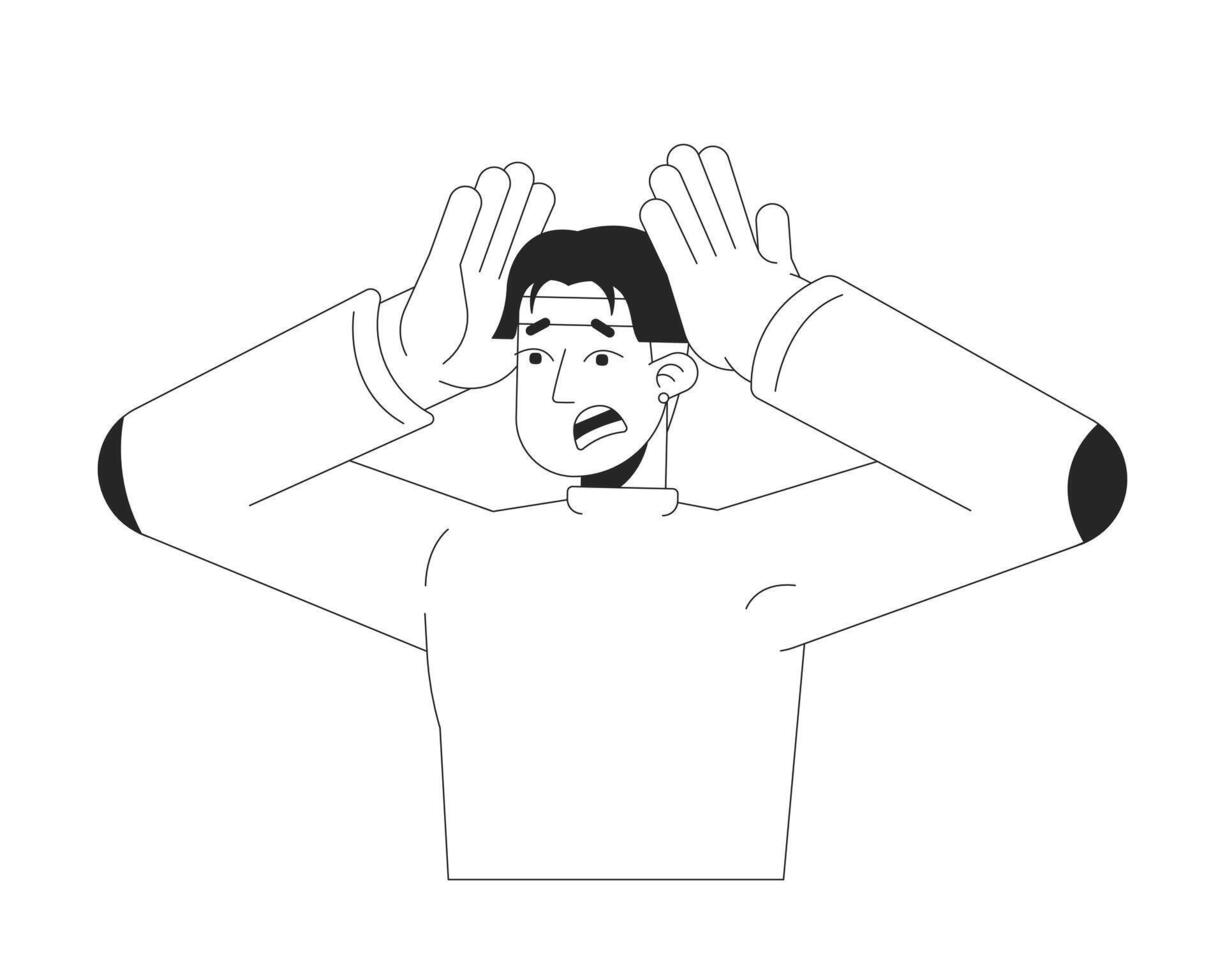 Emotional asian man squeezing head black and white 2D line cartoon character. Korean male with panic attack isolated outline person. Mental health issues monochromatic flat spot illustration vector