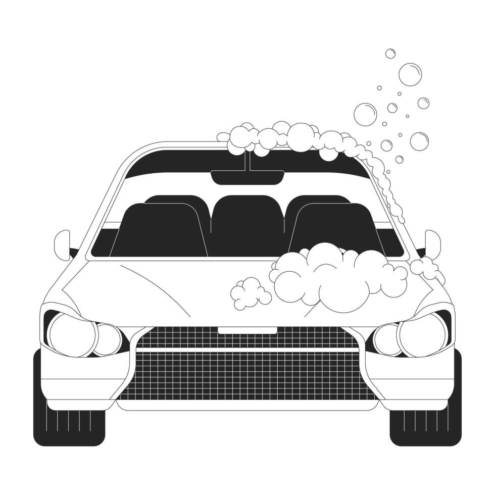 Washing car with foam black and white 2D line cartoon object. Soap bubbles on vehicle. Auto cleaning service isolated outline item. Automobile care shop monochromatic flat spot illustration vector