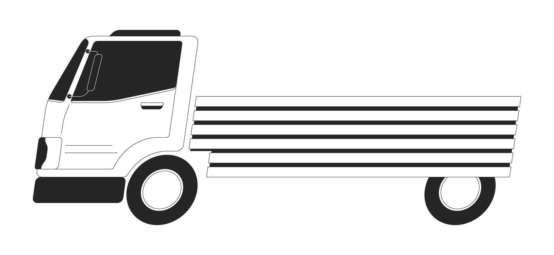 Driving lorry black and white 2D line cartoon object. Freights delivery service. Truck with trailer isolated outline item. Goods shipping industry monochromatic flat spot illustration vector
