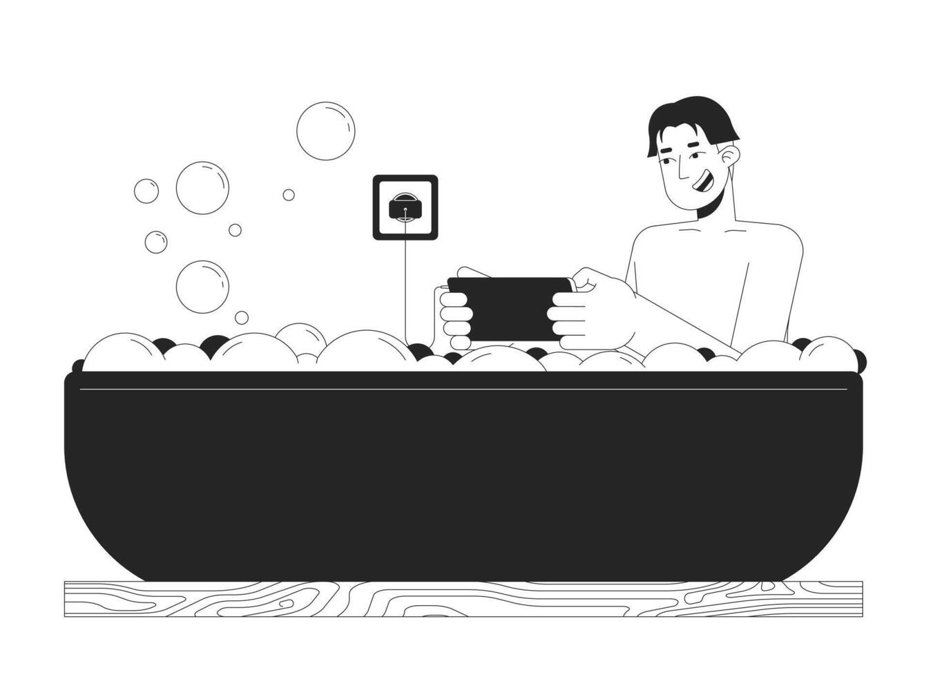 Smiling asian man in smartphone in bath black and white 2D line cartoon character. Korean male using electrical device isolated outline person. Bathroom monochromatic flat spot illustration vector