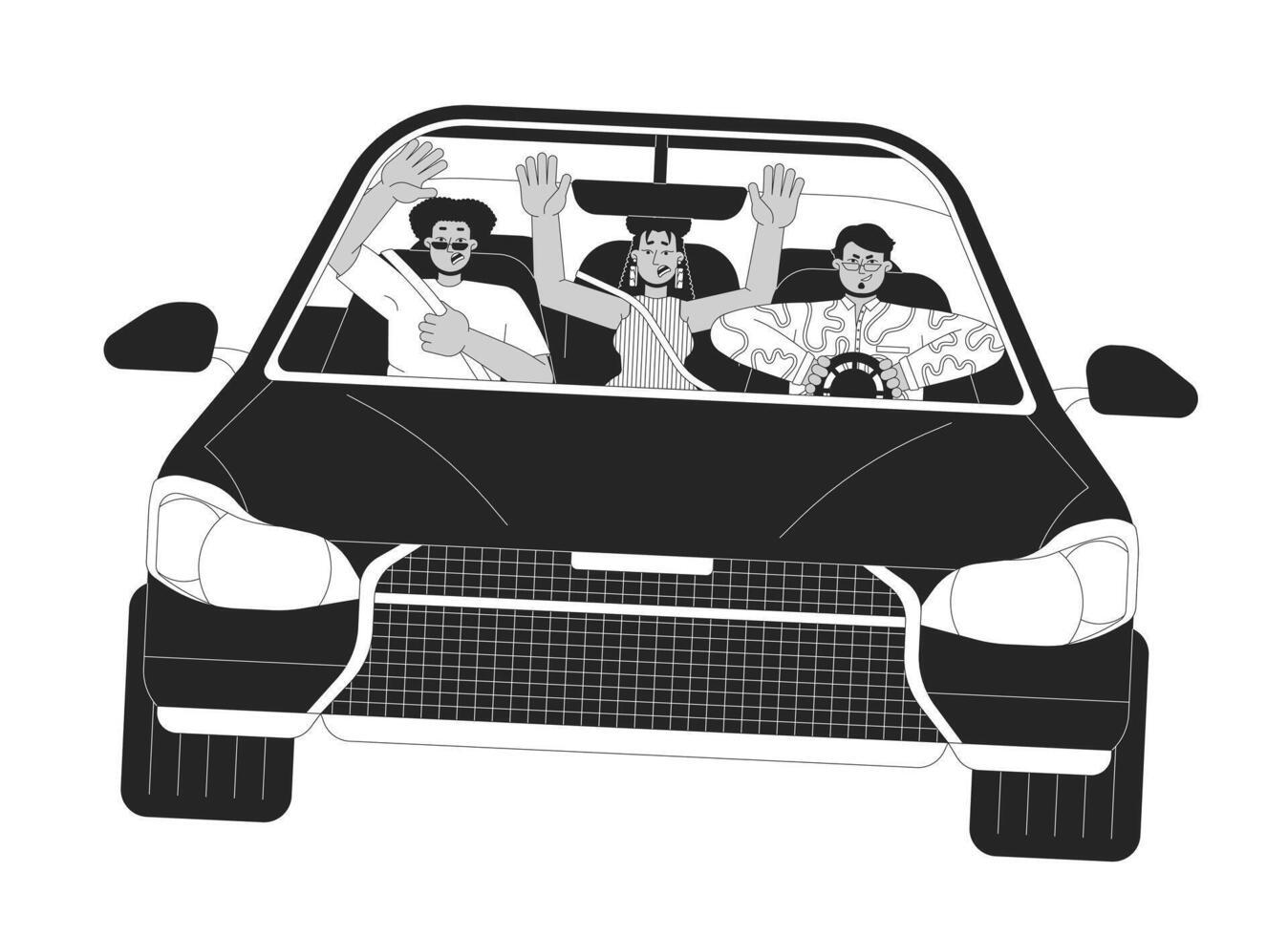 Multiracial friends riding car recklessly black and white 2D line cartoon characters. Creating dangerous situation on road isolated outline people. Accident monochromatic flat spot illustration vector