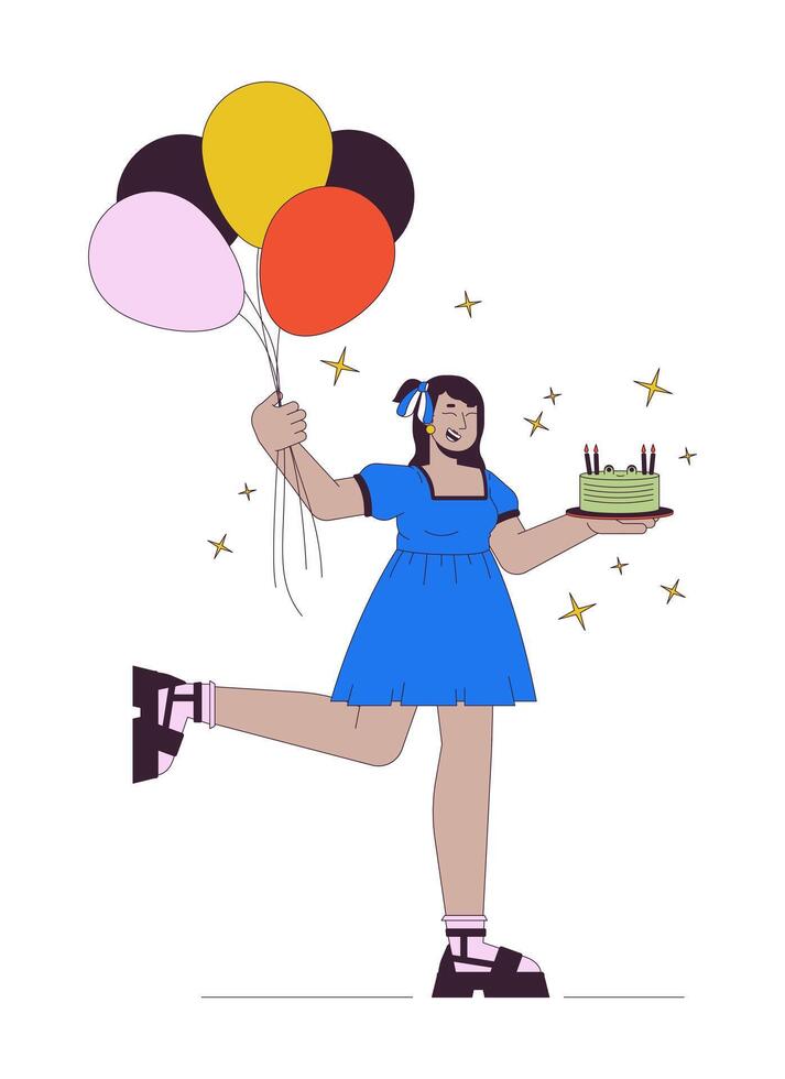Happy curvy hindu woman at birthday party 2D linear cartoon character. Indian female with overweight at holiday isolated line person white background. Anniversary color flat spot illustration vector