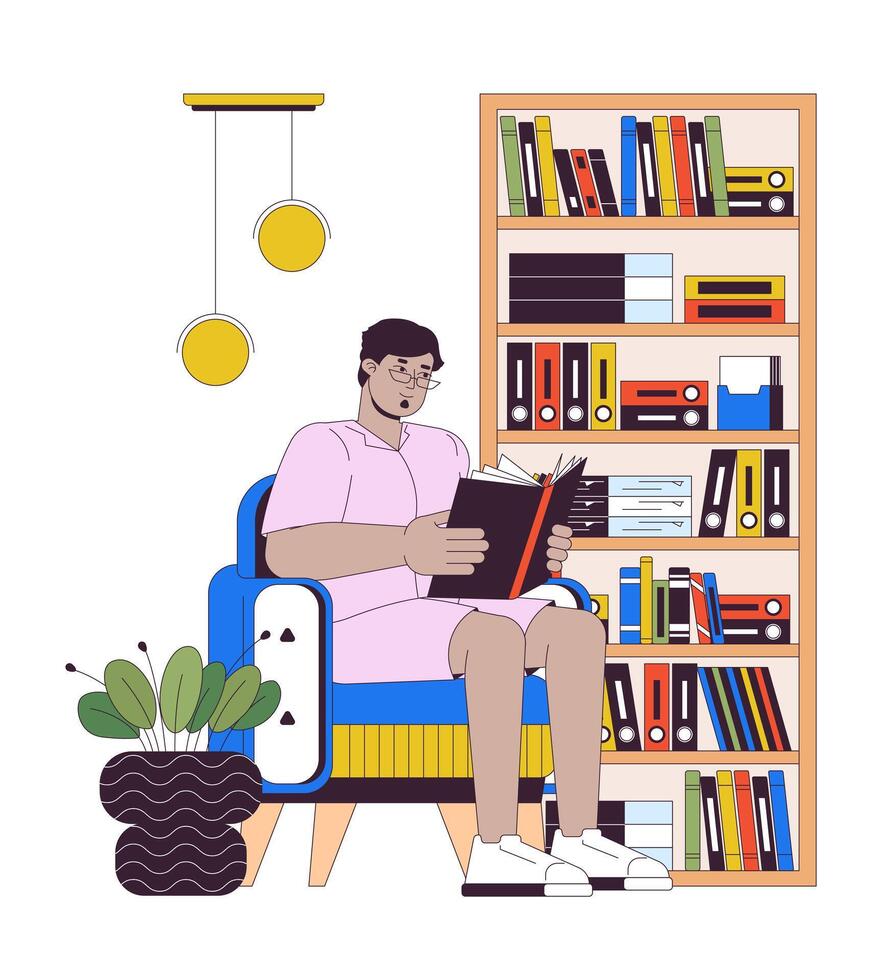 Obese arab man reading book at home line cartoon flat illustration. Plus sized middle eastern male in library 2D lineart character isolated on white background. Body positive scene color image vector