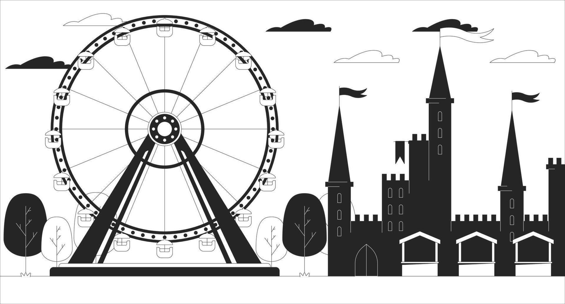 Amusement park attractions black and white line illustration. Ferris wheel and fairy tale castle 2D landscape monochrome background. Theme park for children and adults outline scene image vector