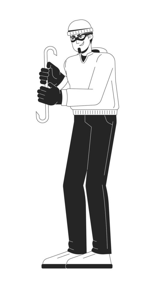 Caucasian man criminal with crowbar black and white 2D line cartoon character. Robber in mask. European male thief isolated outline person. Illegal action monochromatic flat spot illustration vector