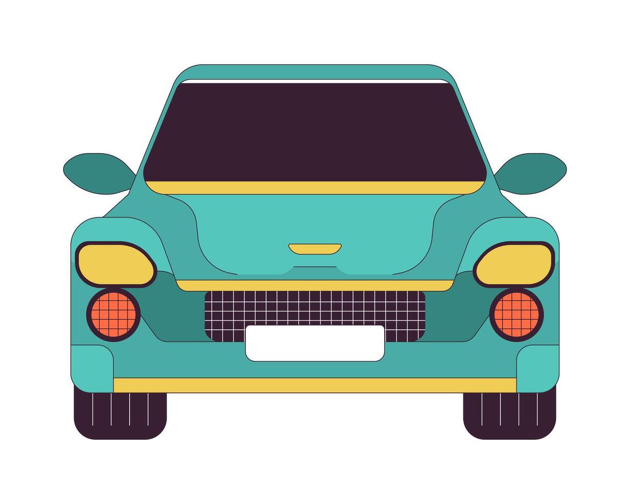 Car model front view 2D linear cartoon object. Comfortable auto with dark windshield isolated line element white background. Driving automobile along road color flat spot illustration vector