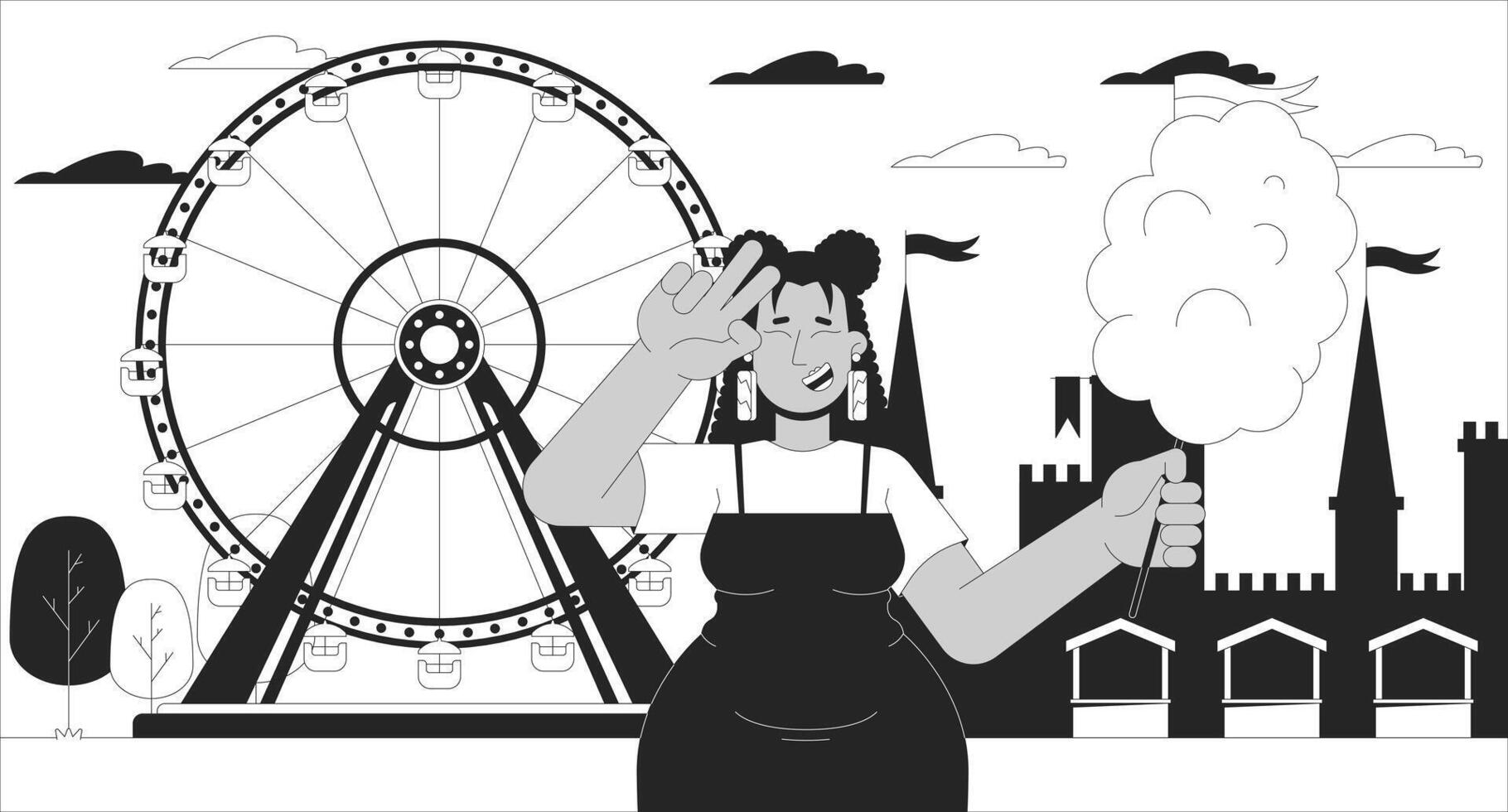 Plus sized latina woman visiting amusement park cartoon flat illustration. Positive curvy female holding cotton candy 2D character monochrome background. Lifestyle scene outline scene image vector