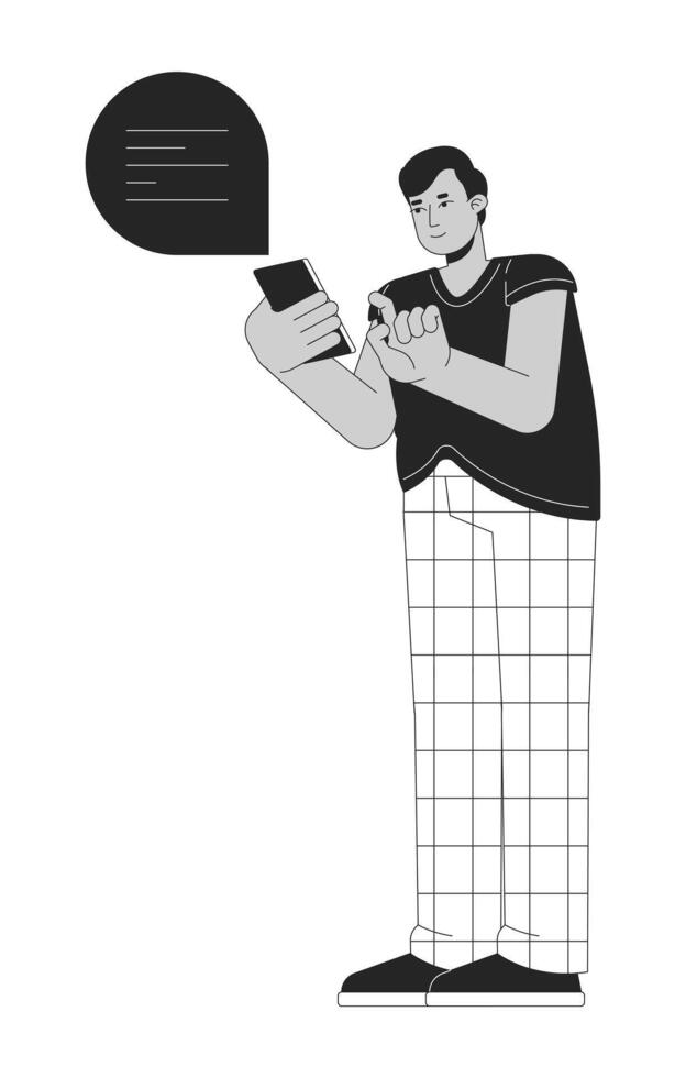 Hindu man with overweight holding phone black and white 2D line cartoon character. Plus sized indian male texting isolated outline person. Body positive monochromatic flat spot illustration vector