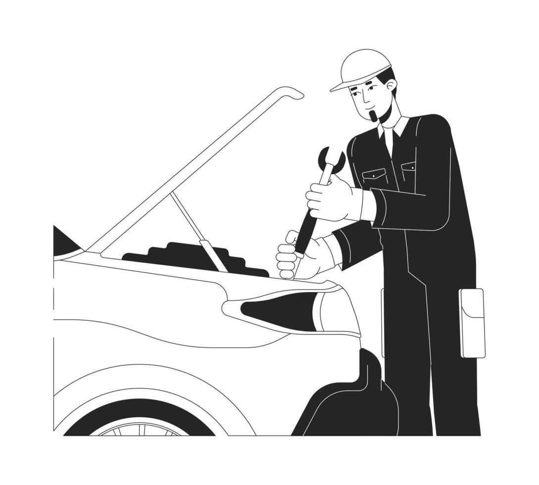 Skilled caucasian mechanic repairing car black and white 2D line cartoon character. Male worker at auto service isolated outline person. Vehicle maintenance monochromatic flat spot illustration vector