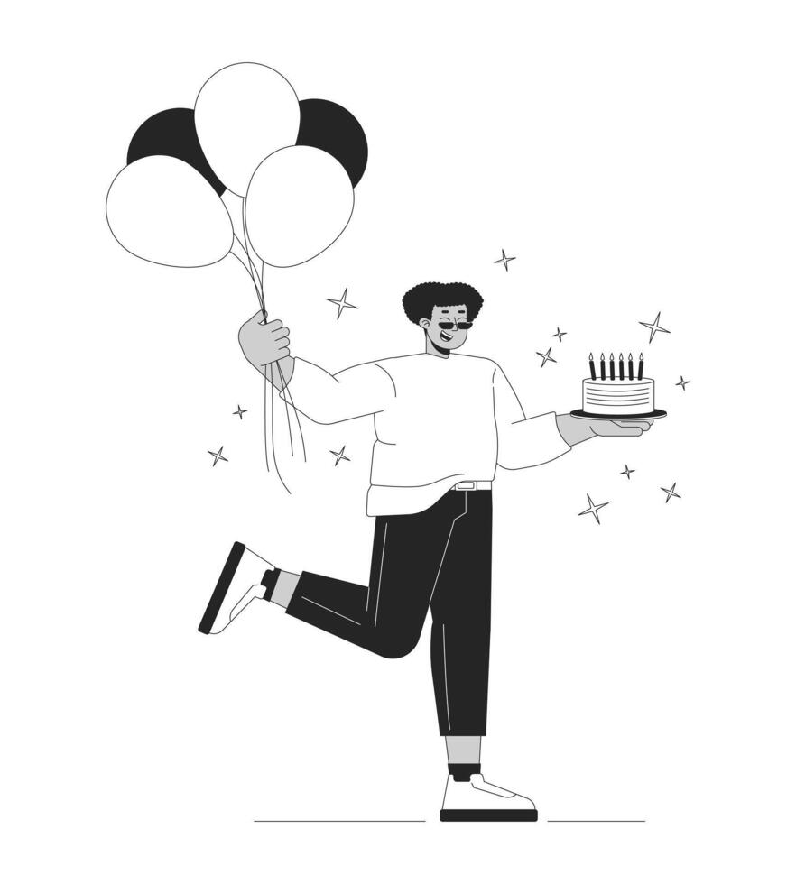 Obese hispanic man at birthday party black and white 2D line cartoon character. Plump latin american male at holiday isolated outline person. Festive event monochromatic flat spot illustration vector