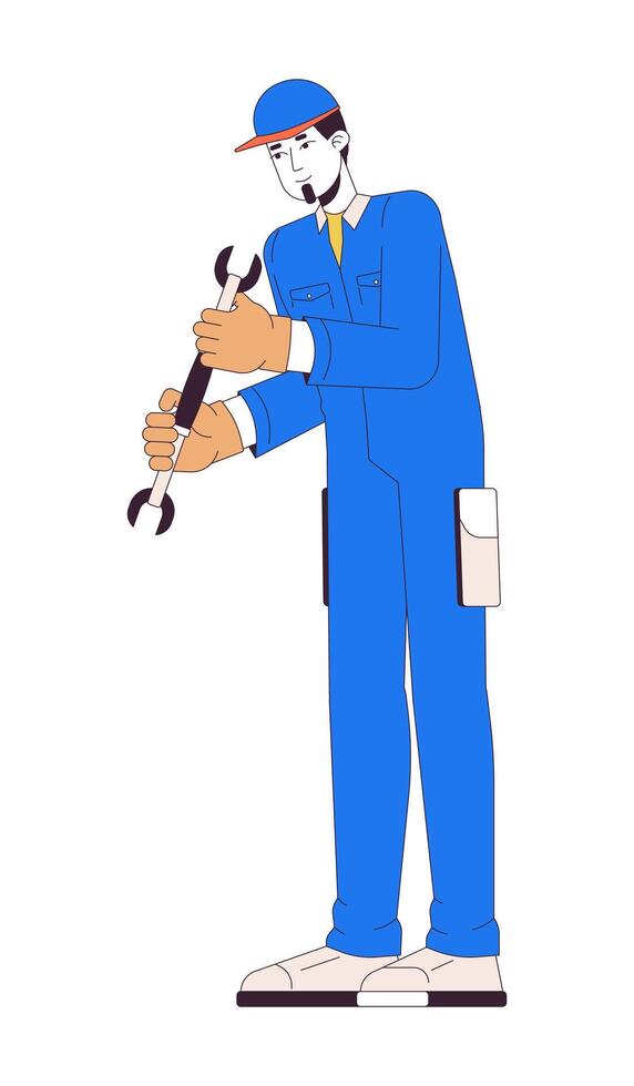 Caucasian worker with wrench 2D linear cartoon character. Professional male mechanic with work tool isolated line person white background. Labor occupation color flat spot illustration vector
