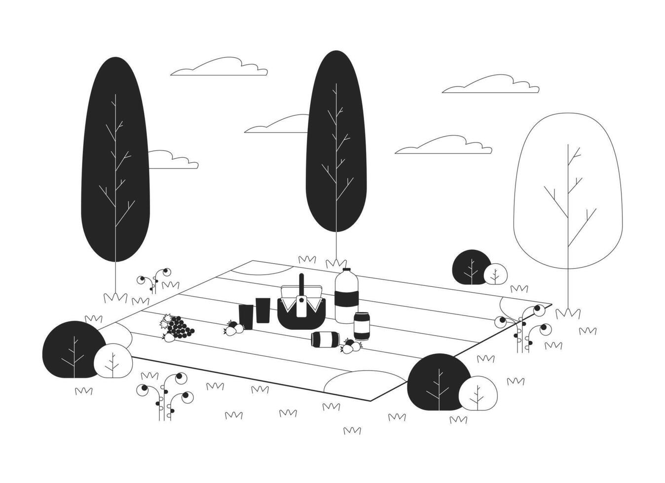 meriendas y bebidas en picnic cobija negro y blanco dibujos animados plano ilustración. al aire libre comida a campo 2d arte lineal artículos aislado. cena en parque césped monocromo escena contorno imagen vector