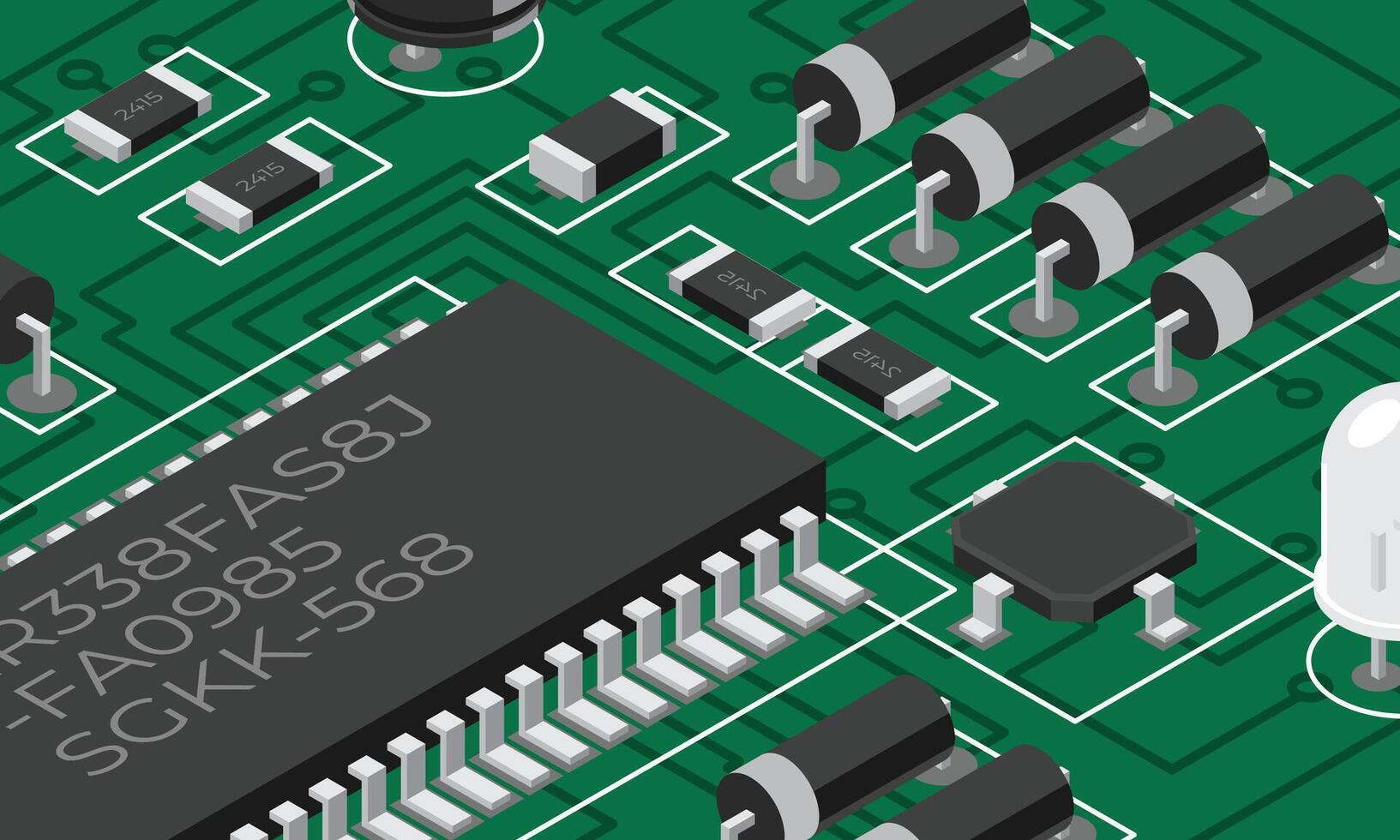 isométrica electrónico tablero. isométrica impreso circuito tablero con electrónico componentes electrónico componentes y integrado circuito tablero vector