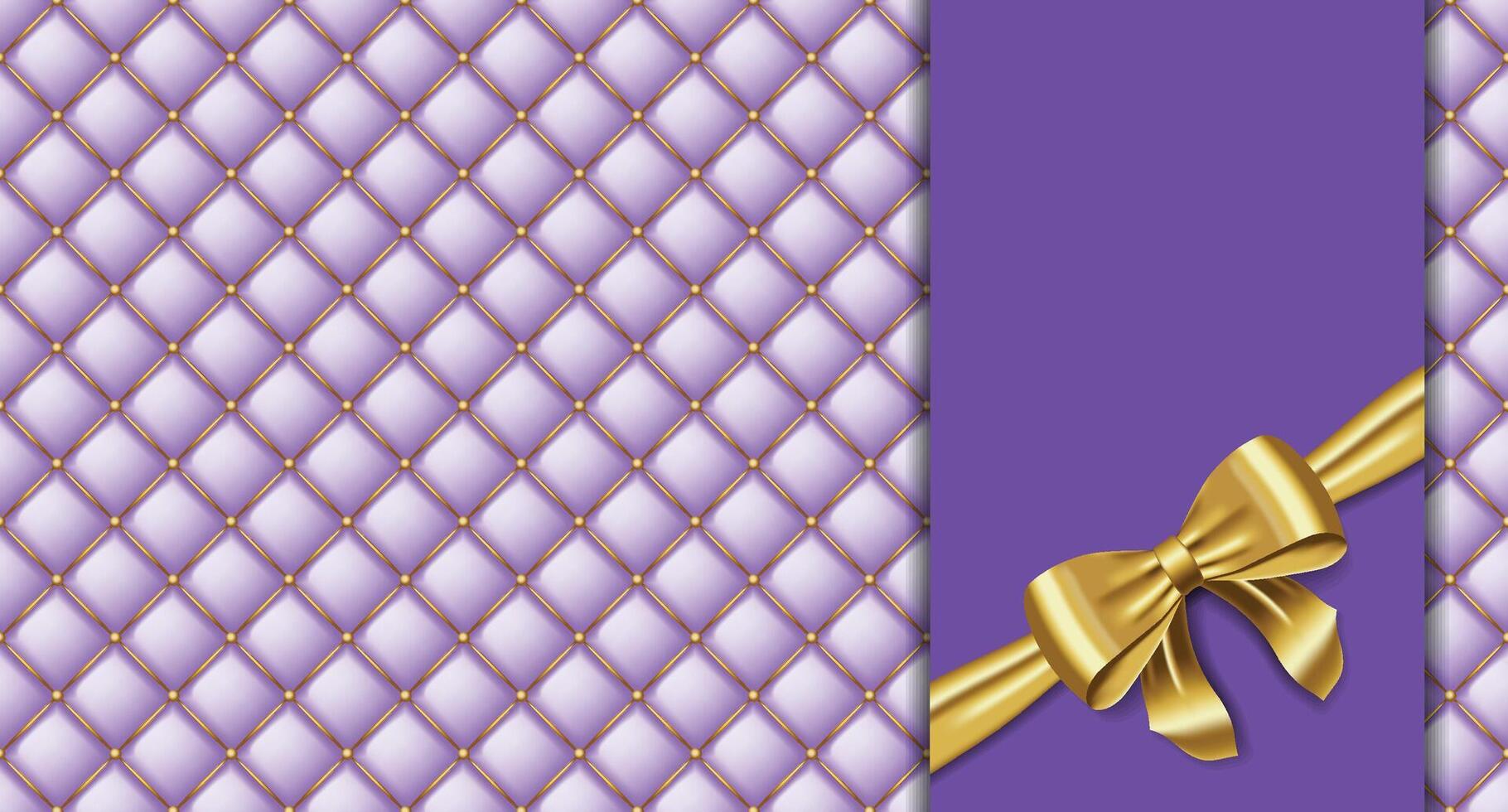 Greeting card with golden bow. Quilted background with bow. Realistic gold bow. Background or greeting card vector