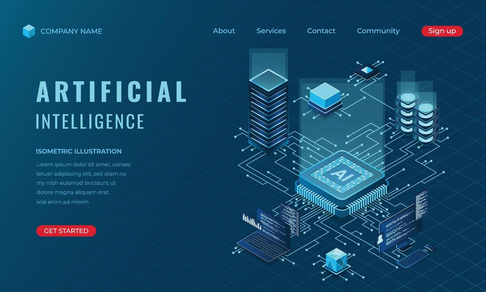 Isometric artificial Intelligence landing page concept. Machine learning technology. Digital technology website landing page. illustration vector
