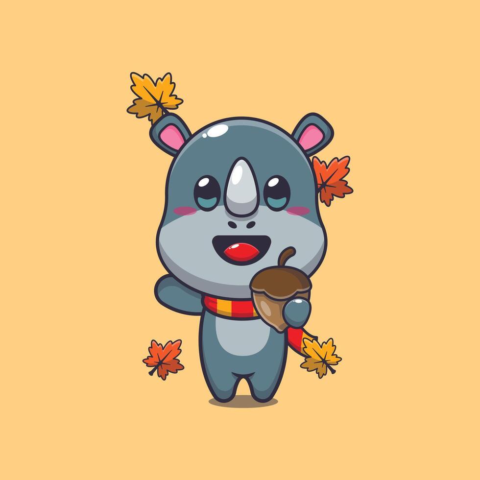linda rinoceronte con bellotas a otoño estación. mascota dibujos animados ilustración adecuado para póster, folleto, web, mascota, pegatina, logo y icono. vector