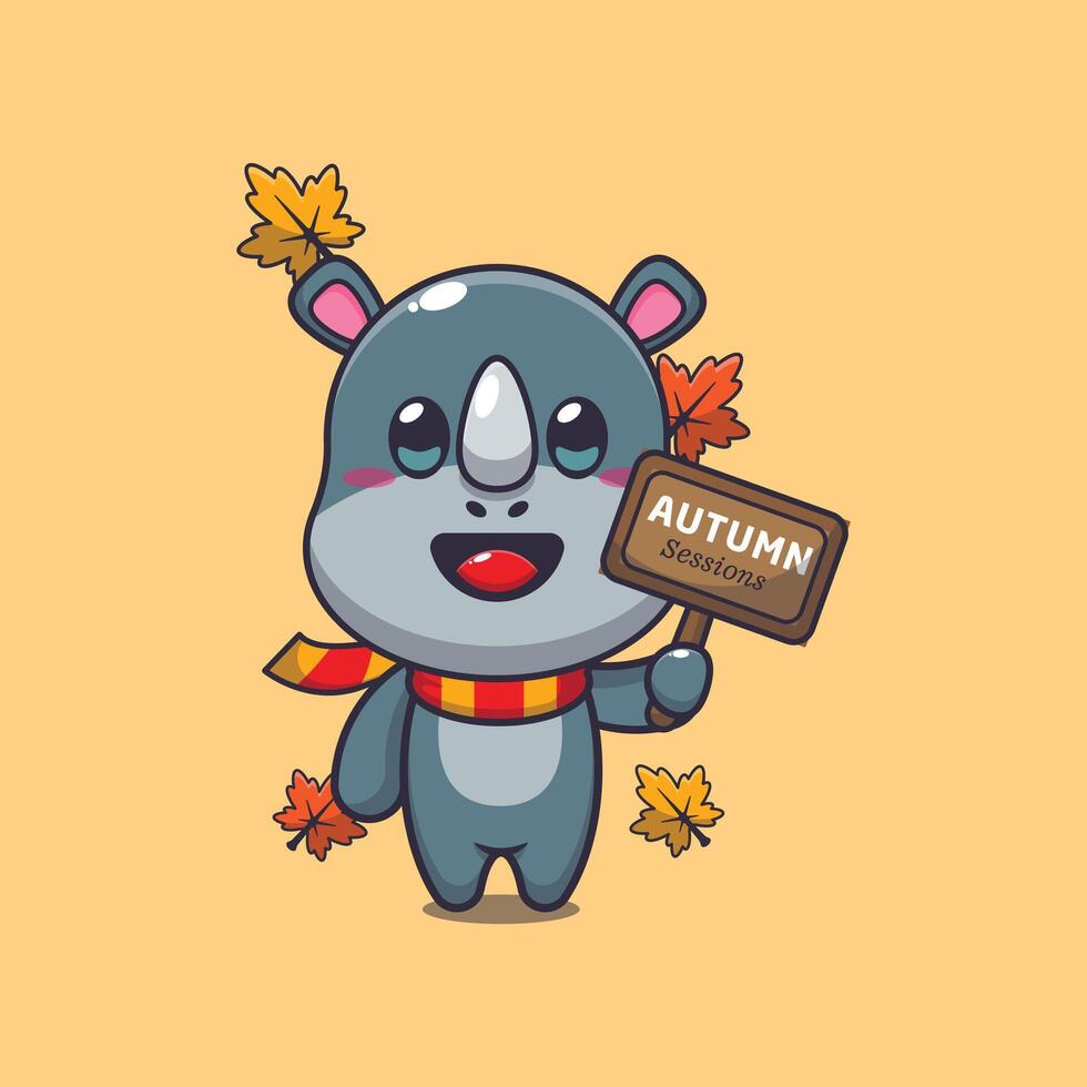 Cute rhino with autumn sign board. Mascot cartoon illustration suitable for poster, brochure, web, mascot, sticker, logo and icon. vector