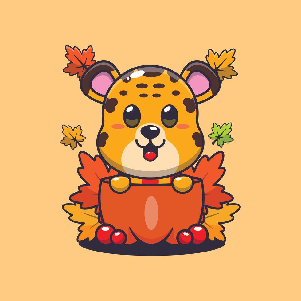Cute leopard in a pumpkin at autumn season. Mascot cartoon illustration suitable for poster, brochure, web, mascot, sticker, logo and icon. vector