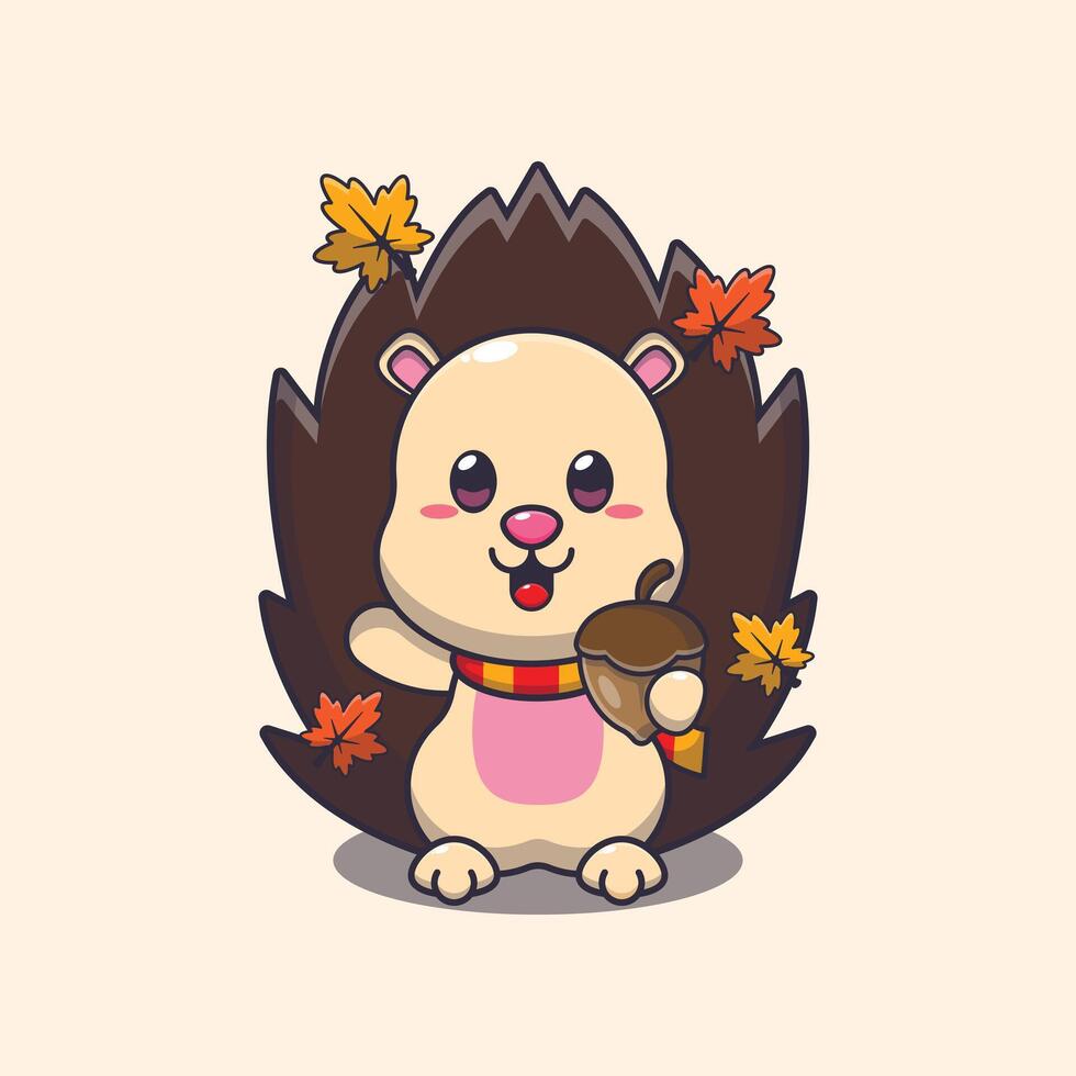 Cute hedgehog with acorns at autumn season. Mascot cartoon illustration suitable for poster, brochure, web, mascot, sticker, logo and icon. vector