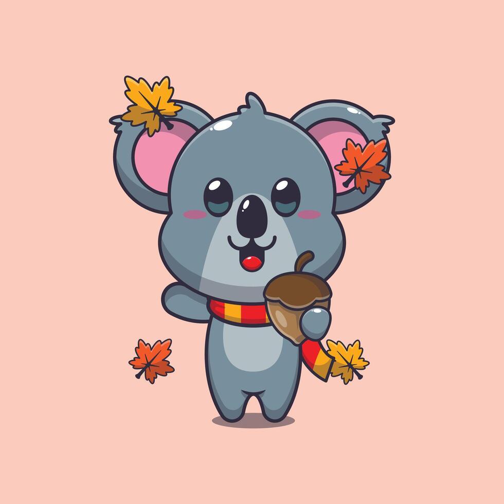 Cute koala with acorns at autumn season. Mascot cartoon illustration suitable for poster, brochure, web, mascot, sticker, logo and icon. vector