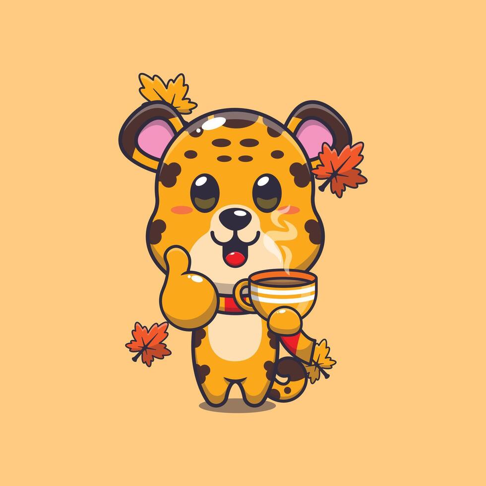 Cute leopard with coffee in autumn season. Mascot cartoon illustration suitable for poster, brochure, web, mascot, sticker, logo and icon. vector