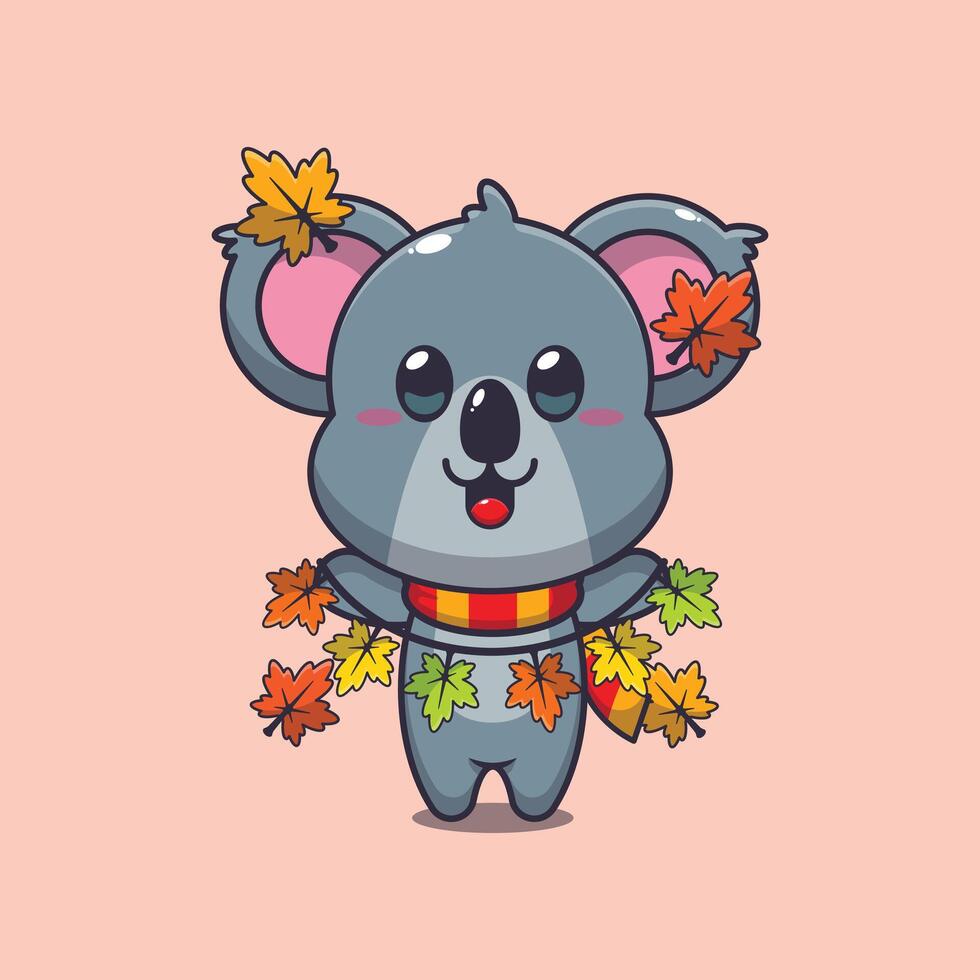 Cute koala with autumn leaf decoration. Mascot cartoon illustration suitable for poster, brochure, web, mascot, sticker, logo and icon. vector