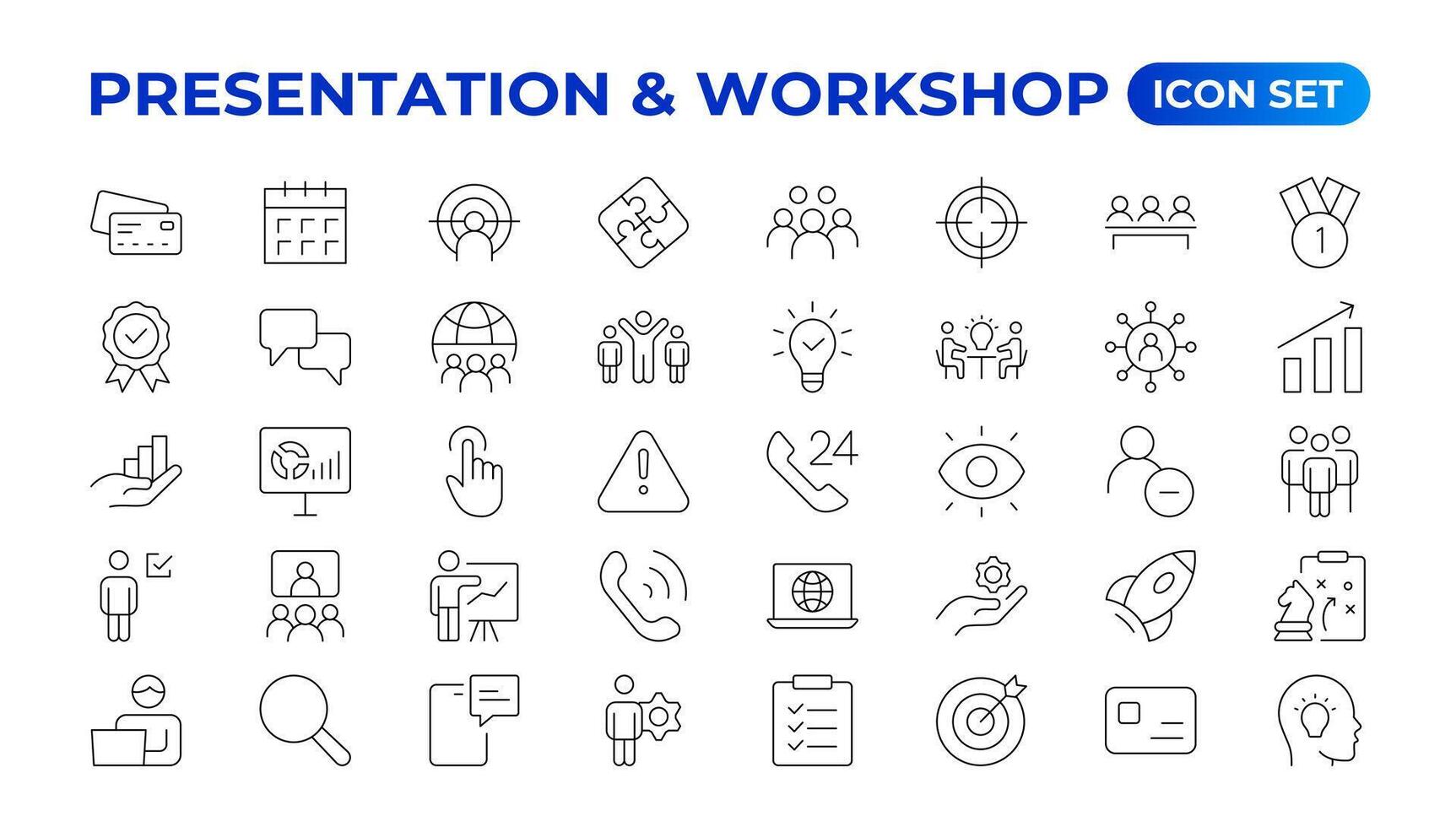 Workshop icon set. Containing team building, collaboration, teamwork, coaching, problem-solving and education icons.Business presentation line icons Presentation, business, seminar, partnership, goals vector