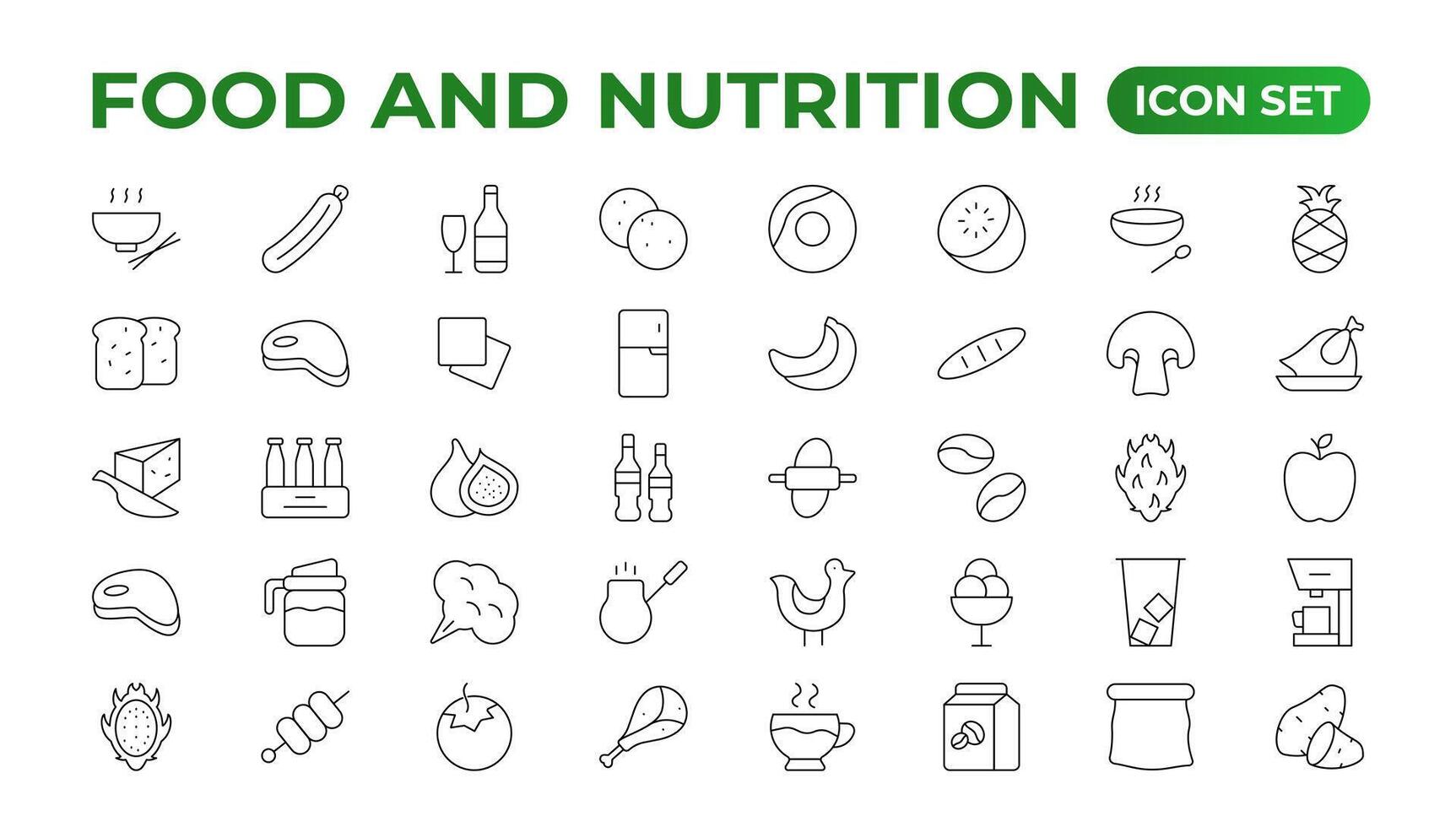 comida y nutrición, al aire libre y cámping icono conjunto vector